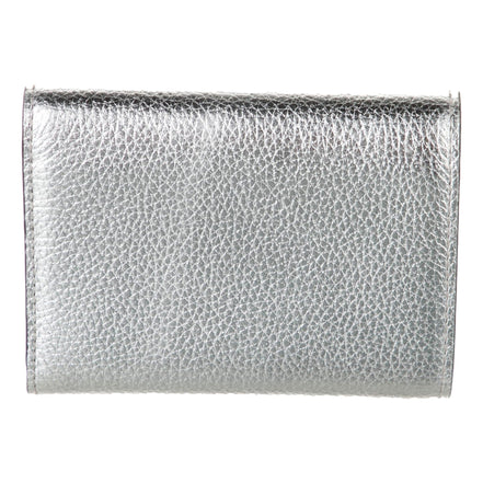 Jimmy Choo Loni Silver Leather Embossed Logo Tri-Fold Card Case Wallet available at Queen Bee of Beverly Hills
