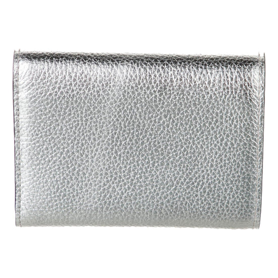 Jimmy Choo Loni Silver Leather Embossed Logo Tri-Fold Card Case Wallet available at Queen Bee of Beverly Hills