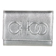 Jimmy Choo Loni Silver Leather Embossed Logo Tri-Fold Card Case Wallet available at Queen Bee of Beverly Hills