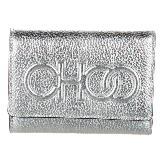 Jimmy Choo Loni Silver Leather Embossed Logo Tri-Fold Card Case Wallet available at Queen Bee of Beverly Hills