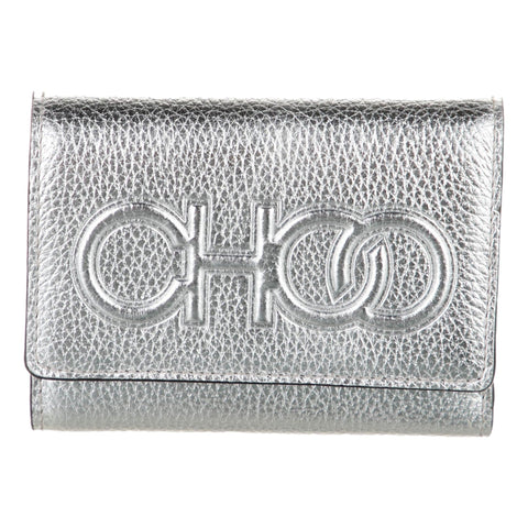 Jimmy Choo Loni Silver Leather Embossed Logo Tri-Fold Card Case Wallet available at Queen Bee of Beverly Hills