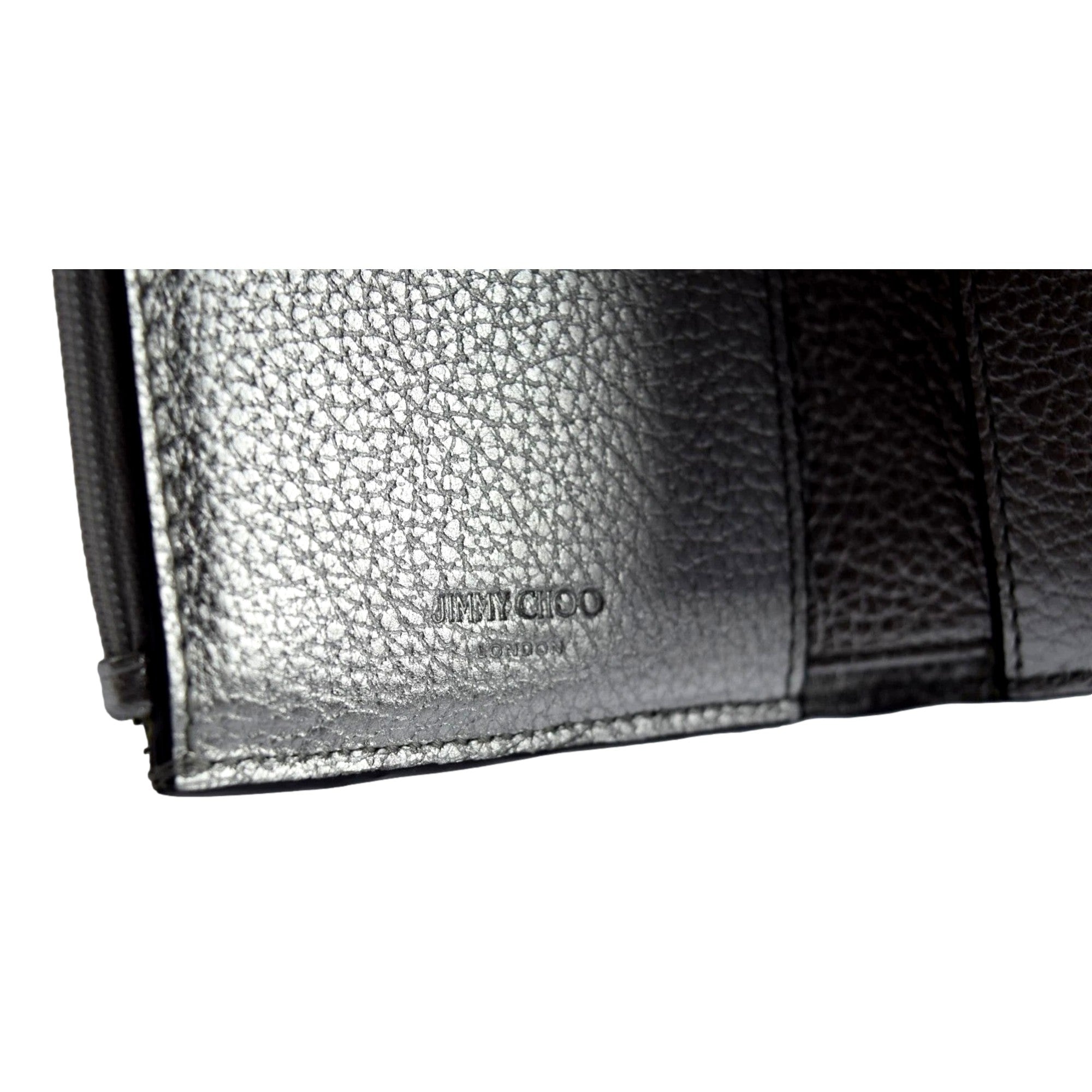 Jimmy Choo Loni Silver Leather Embossed Logo Tri-Fold Card Case Wallet available at Queen Bee of Beverly Hills