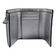 Jimmy Choo Loni Silver Leather Embossed Logo Tri-Fold Card Case Wallet available at Queen Bee of Beverly Hills