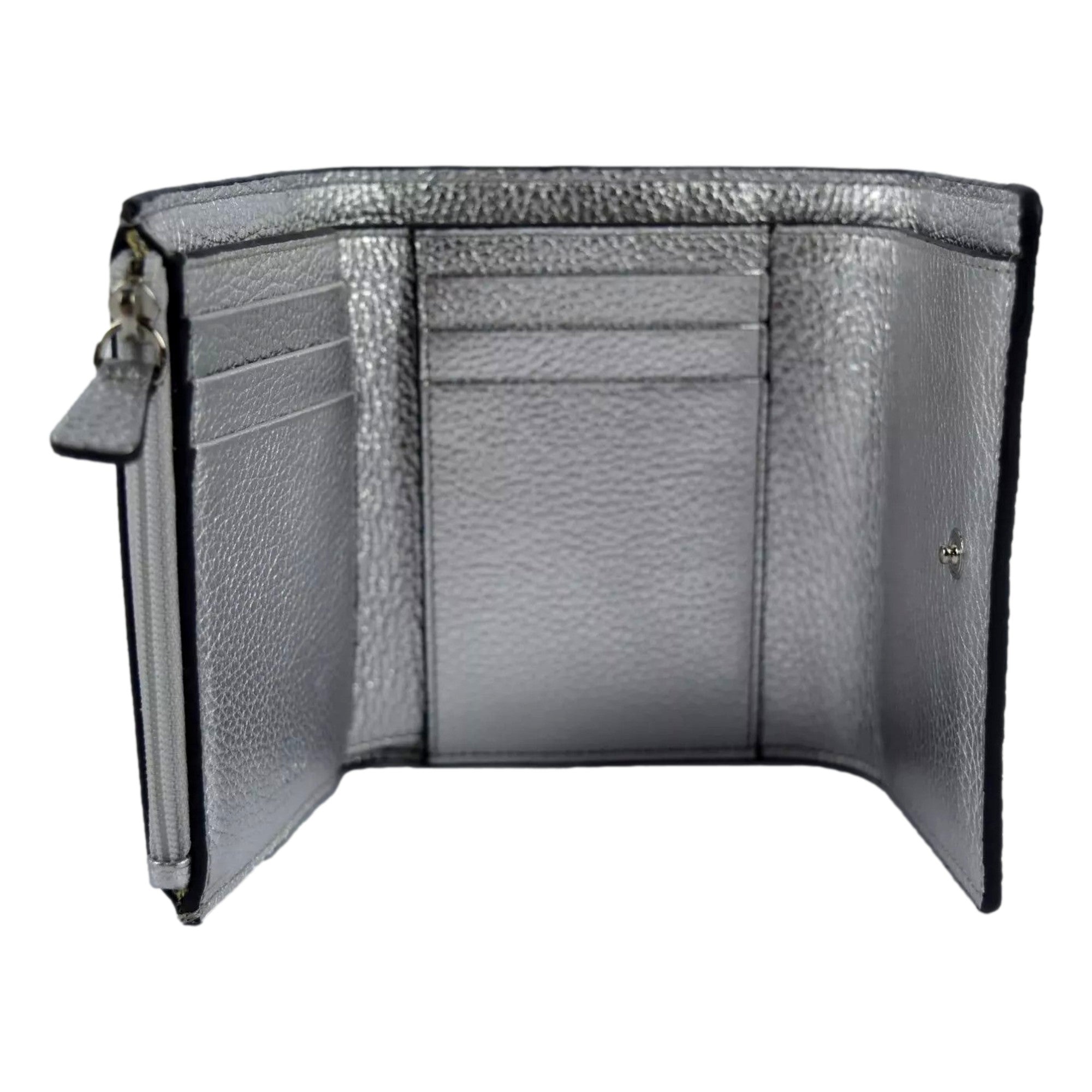Jimmy Choo Loni Silver Leather Embossed Logo Tri-Fold Card Case Wallet available at Queen Bee of Beverly Hills