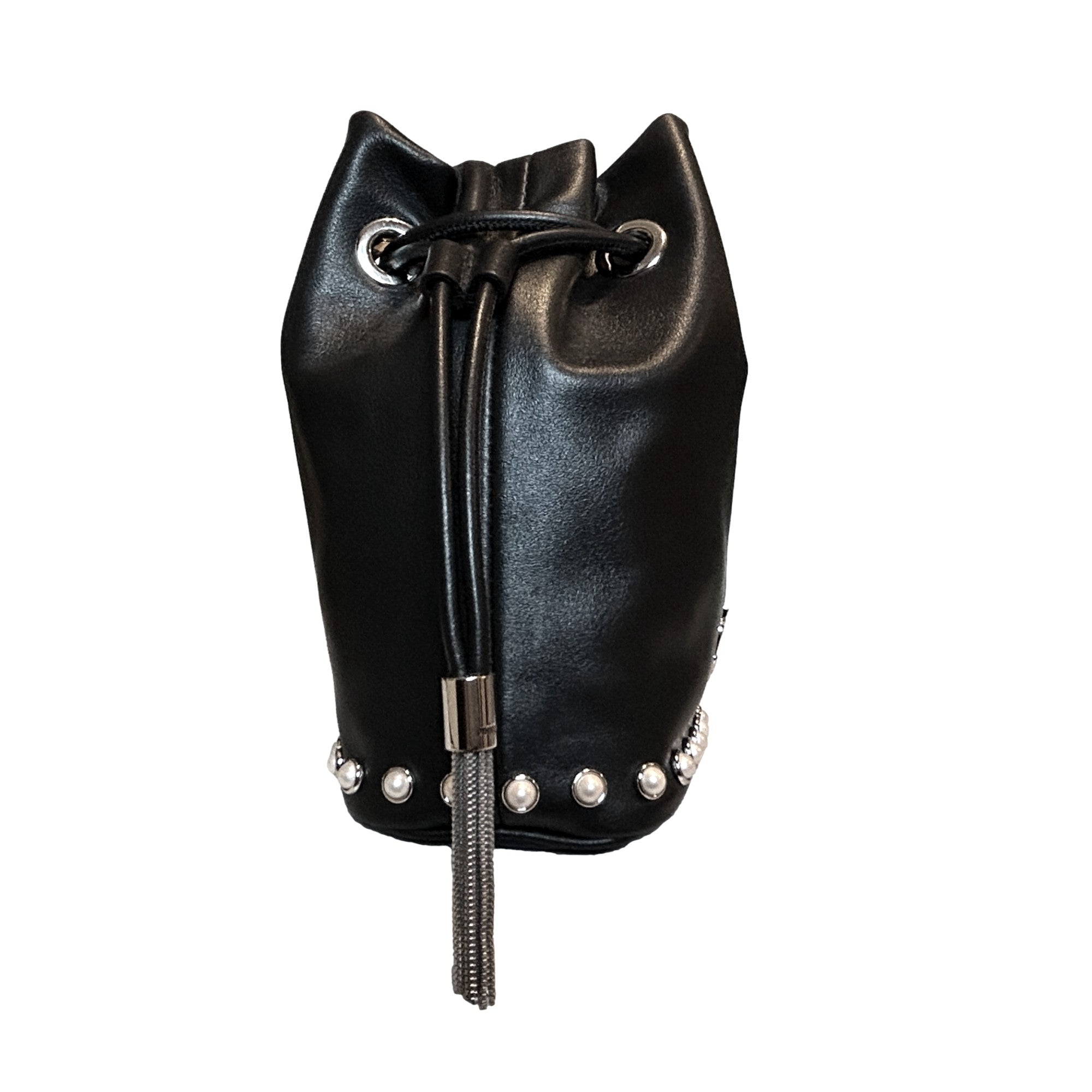 Jimmy Choo Marcheline Pearl Small Bucket Crossbody Bag Black available at Queen Bee of Beverly Hills