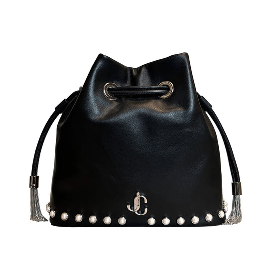Jimmy Choo Marcheline Pearl Small Bucket Crossbody Bag Black available at Queen Bee of Beverly Hills