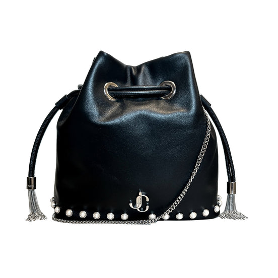 Jimmy Choo Marcheline Pearl Small Bucket Crossbody Bag Black available at Queen Bee of Beverly Hills