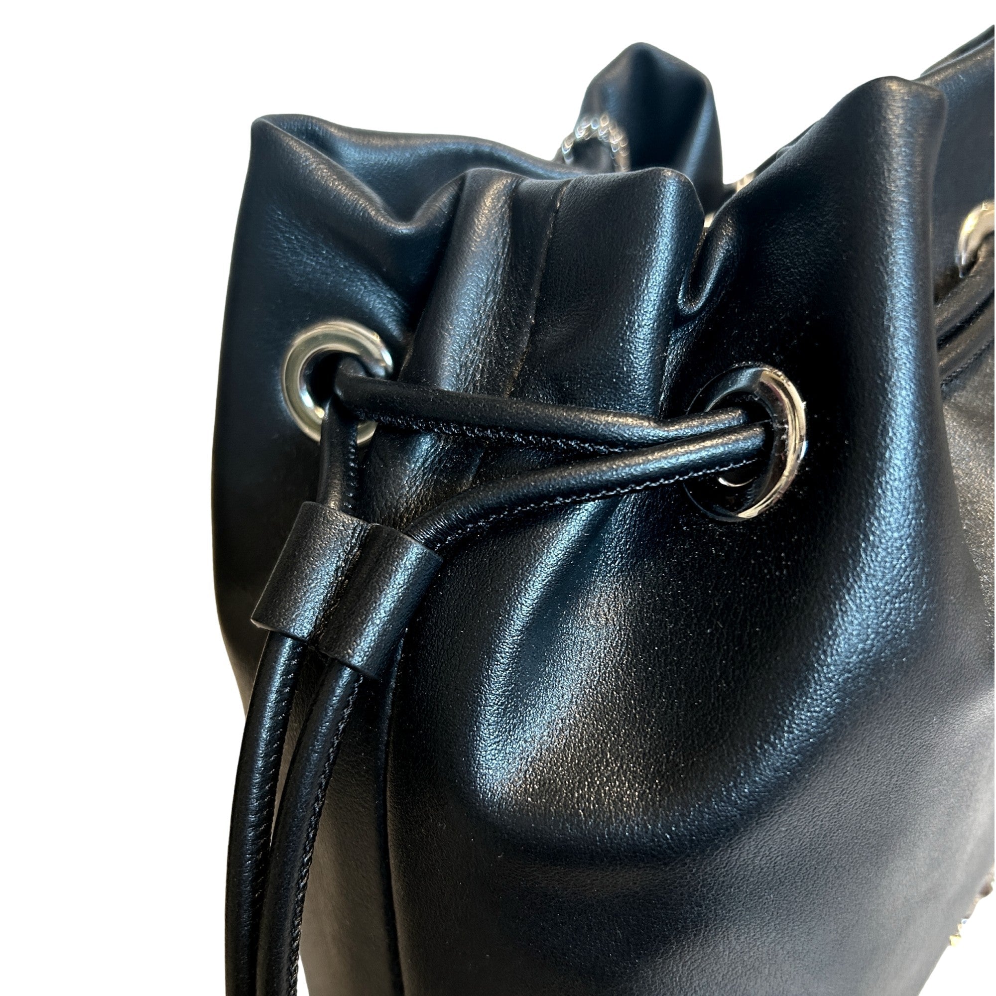 Jimmy Choo Marcheline Pearl Small Bucket Crossbody Bag Black available at Queen Bee of Beverly Hills