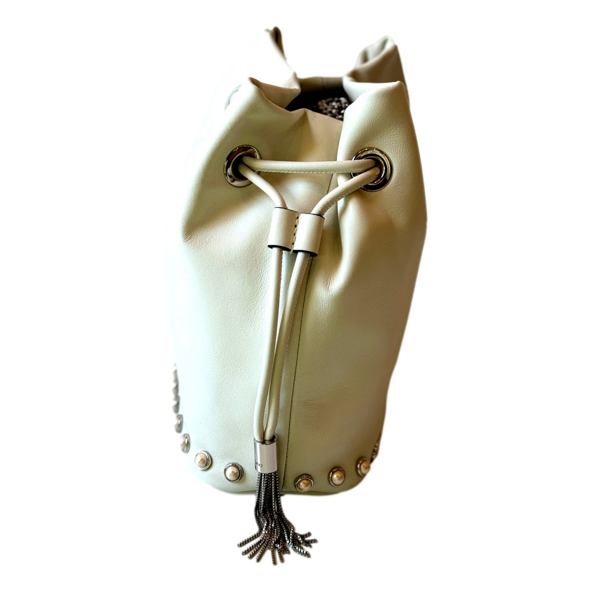 Jimmy Choo Marcheline Pearl Small Bucket Crossbody Bag Ivory available at Queen Bee of Beverly Hills