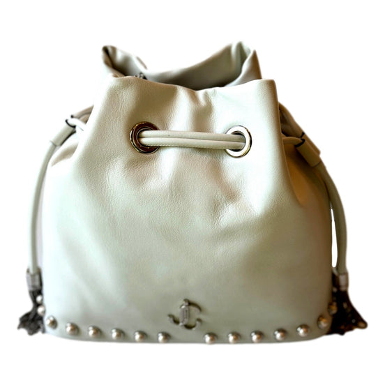 Jimmy Choo Marcheline Pearl Small Bucket Crossbody Bag Ivory available at Queen Bee of Beverly Hills