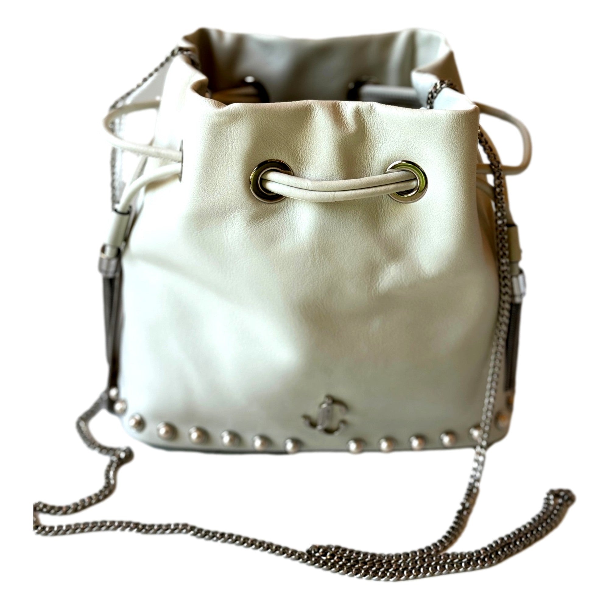 Jimmy Choo Marcheline Pearl Small Bucket Crossbody Bag Ivory available at Queen Bee of Beverly Hills