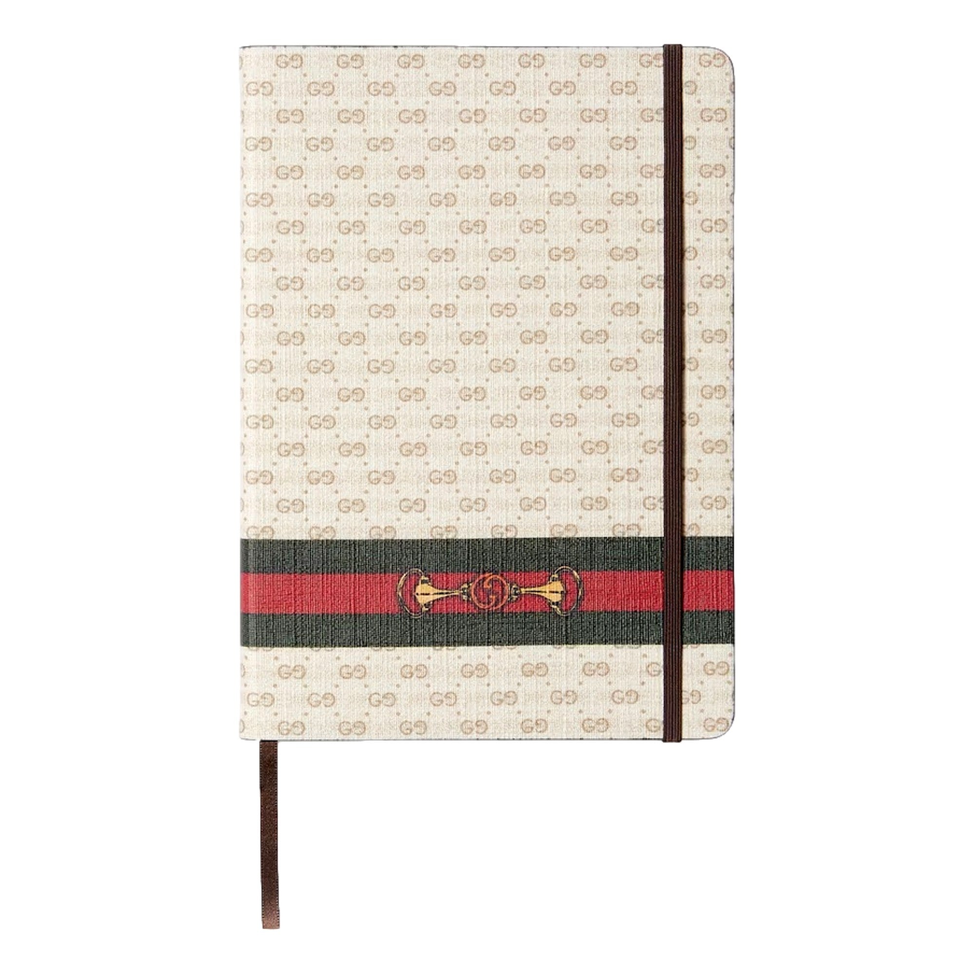 Large Gucci Notebook with Web and Horsebit in Ivory and Brown mini GG available at Queen Bee of Beverly Hills