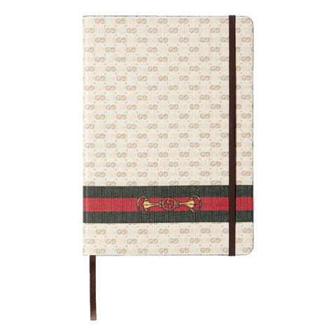 Large Gucci Notebook with Web and Horsebit in Ivory and Brown mini GG available at Queen Bee of Beverly Hills