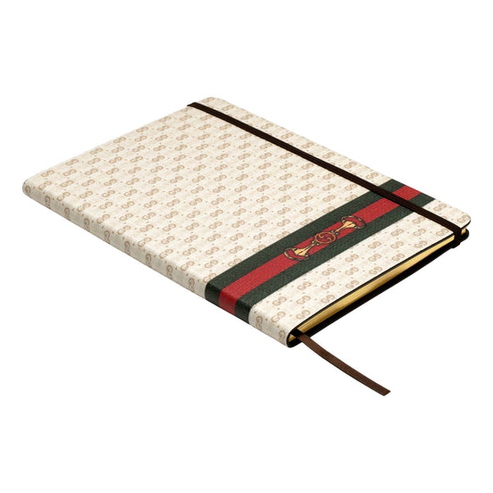 Large Gucci Notebook with Web and Horsebit in Ivory and Brown mini GG available at Queen Bee of Beverly Hills