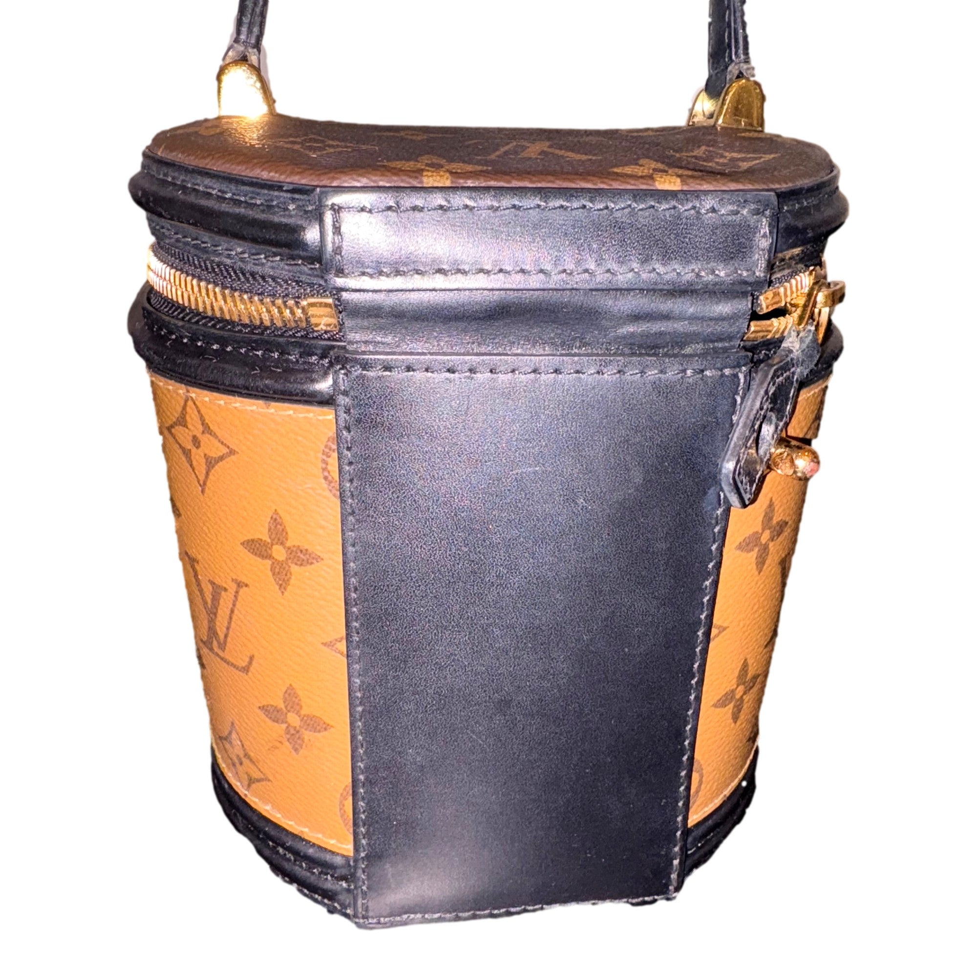 Louis Vuitton Cannes Reverse Monogram Black and Brown Bucket Bag available at Queen Bee of Beverly Hills