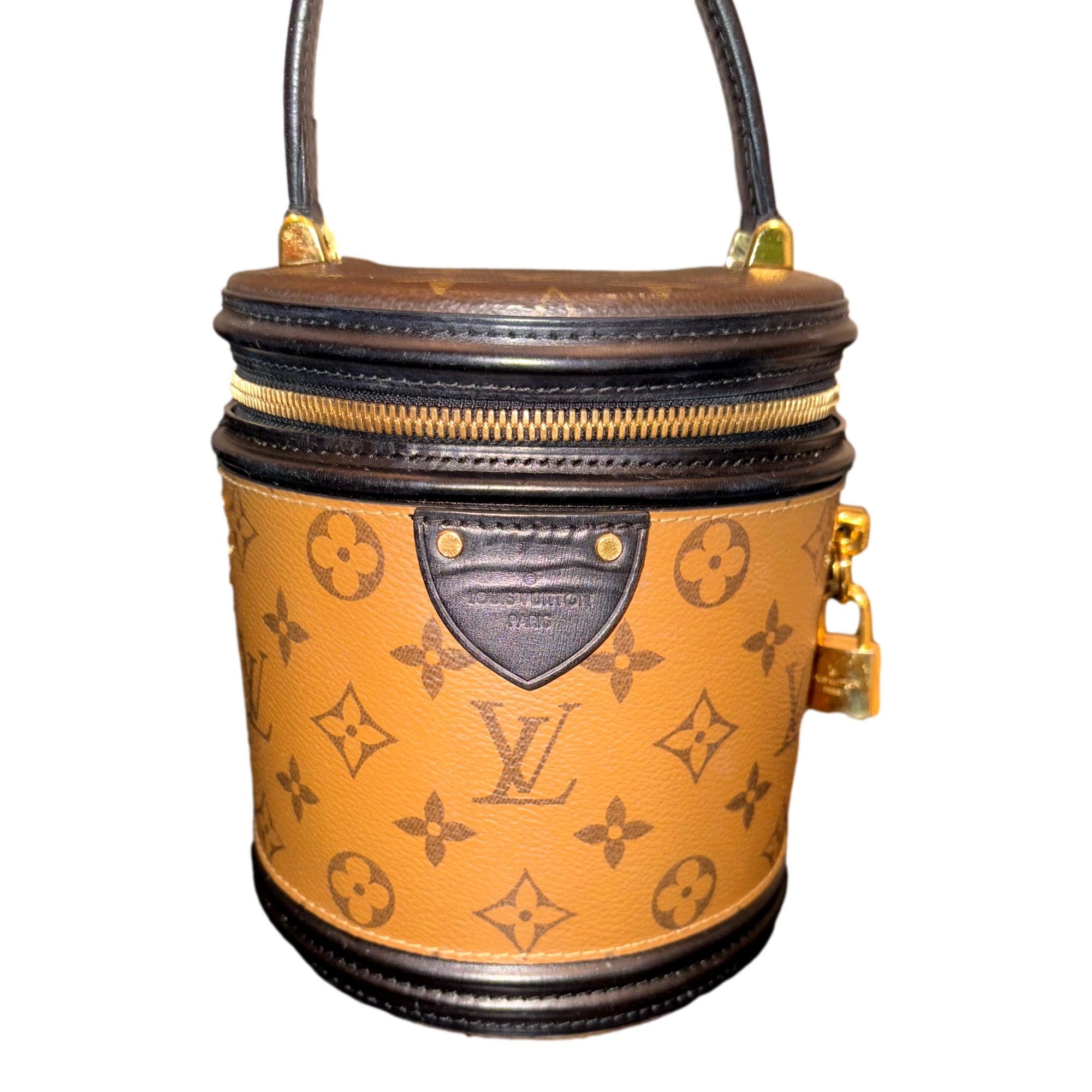 Louis Vuitton Cannes Reverse Monogram Black and Brown Bucket Bag available at Queen Bee of Beverly Hills