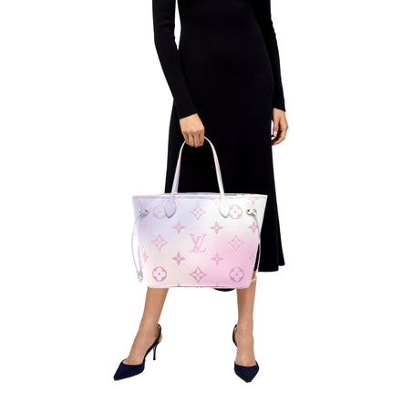 Louis Vuitton Neverfull MM Sunrise Petal Pastel Pink Canvas Leather Tote Bag sold at Queen Bee of Beverly Hills