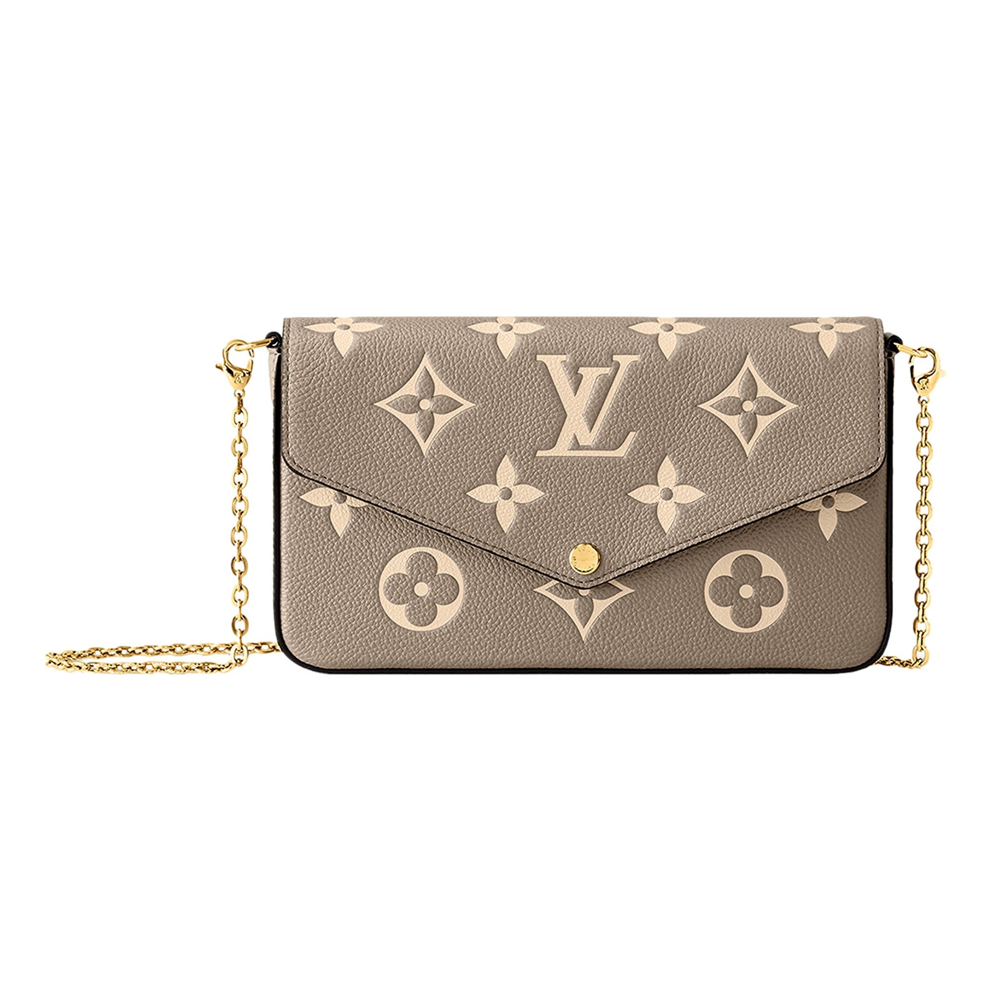 Louis Vuitton Pochette Felicie Monogram Empreinte Leather in Gray - available at Queen Bee of Beverly Hills.