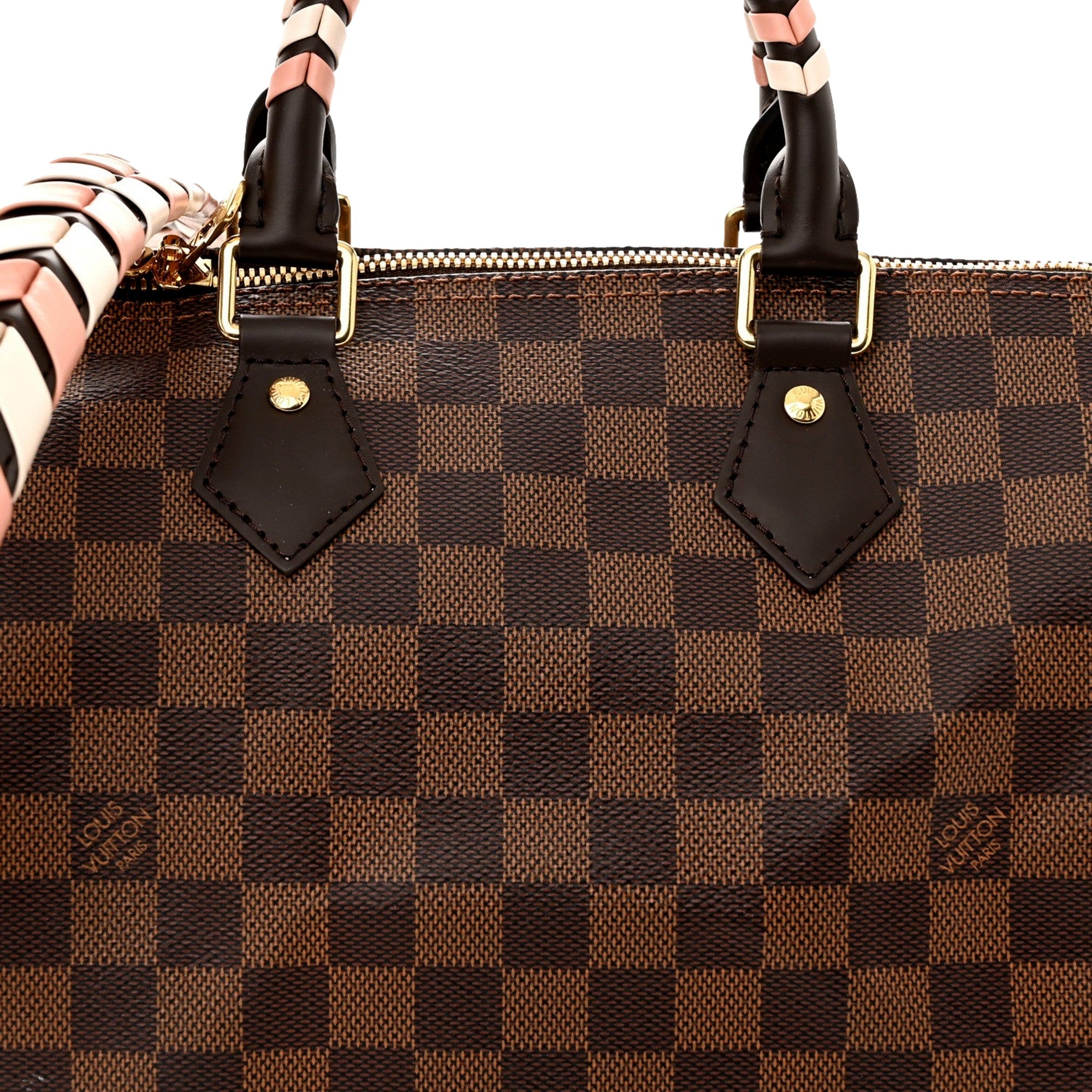 Louis Vuitton Damier Ebene Braided Speedy Bandouliere 25 Pink - available at Queen Bee of Beverly Hills. 