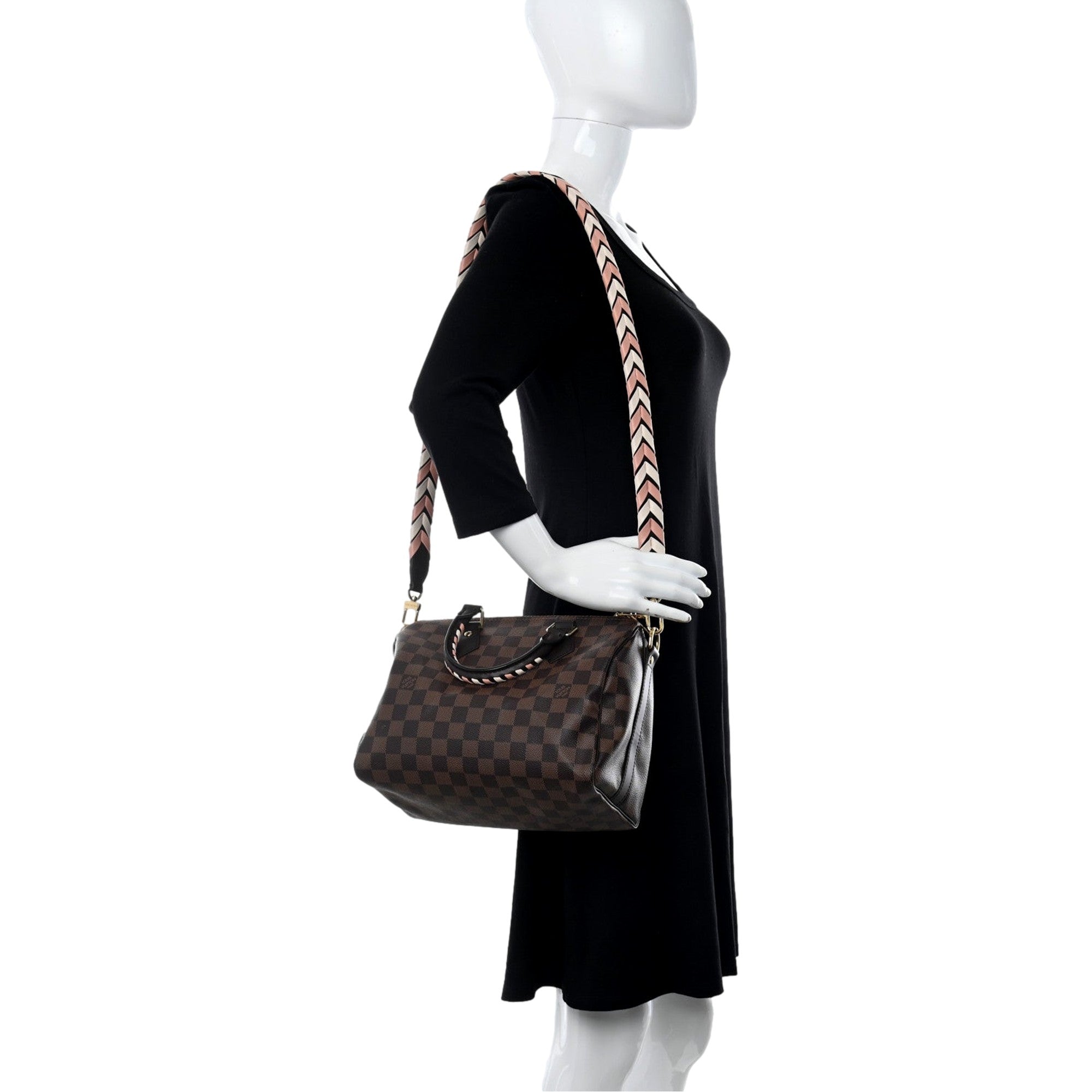 Louis Vuitton Damier Ebene Braided Speedy Bandouliere 25 Pink - available at Queen Bee of Beverly Hills. 