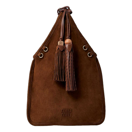 Miu Miu Mini Suede Handbag Leather Tassel Charm Moro Brown available at Queen Bee of Beverly Hills
