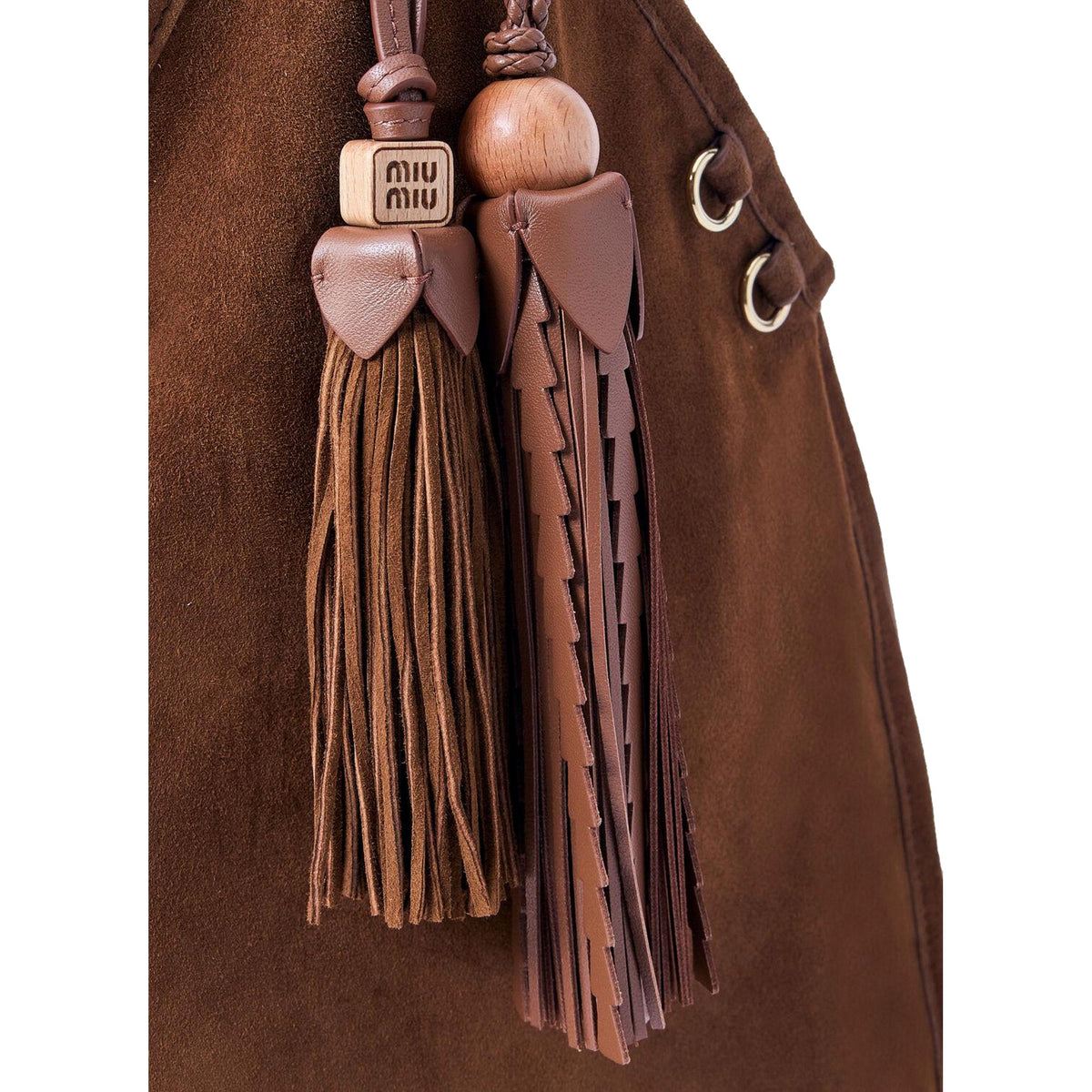 Miu Miu Mini Suede Handbag Leather Tassel Charm Moro Brown available at Queen Bee of Beverly Hills