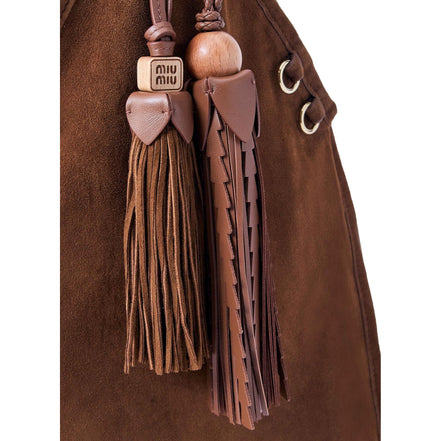 Miu Miu Mini Suede Handbag Leather Tassel Charm Moro Brown available at Queen Bee of Beverly Hills