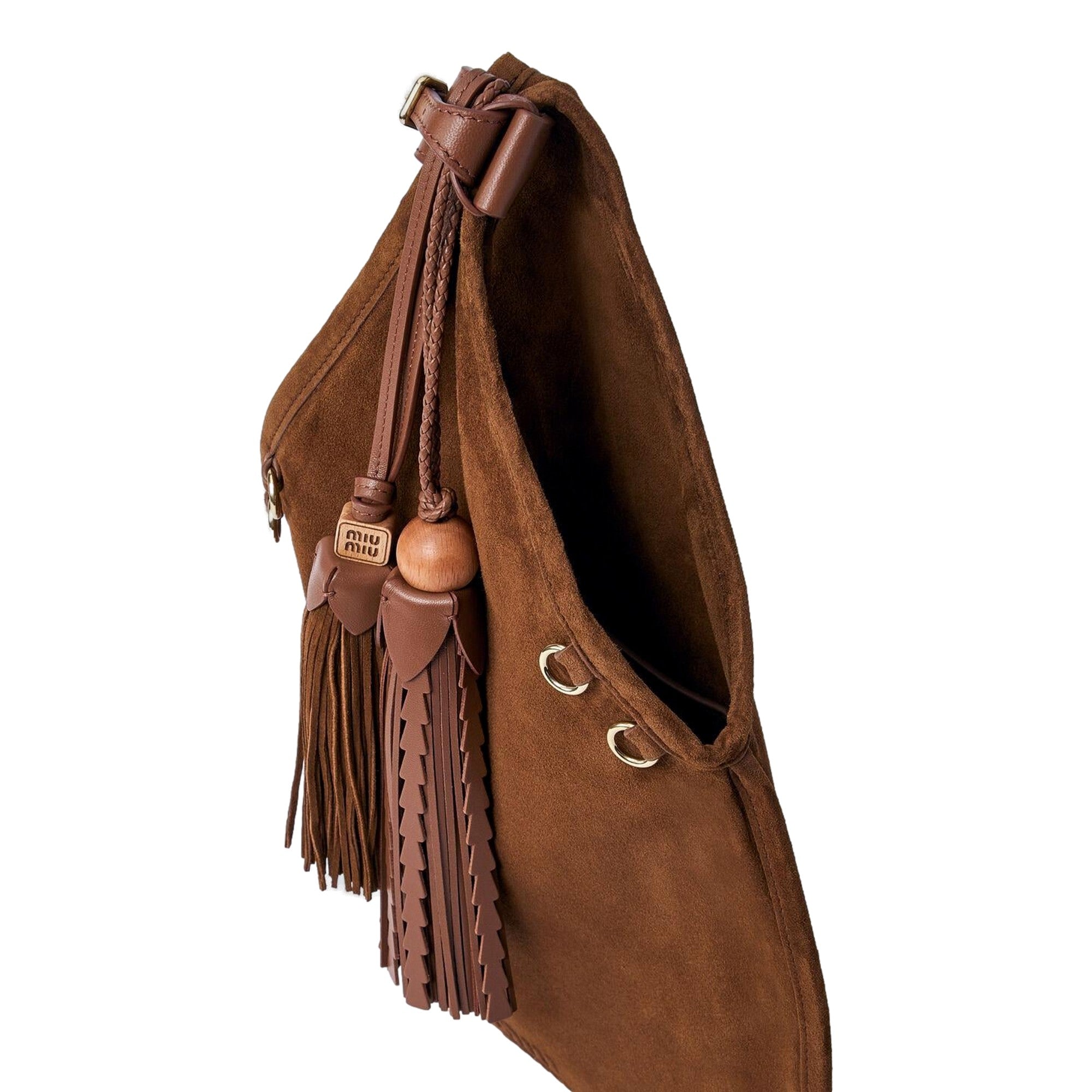 Miu Miu Mini Suede Handbag Leather Tassel Charm Moro Brown available at Queen Bee of Beverly Hills