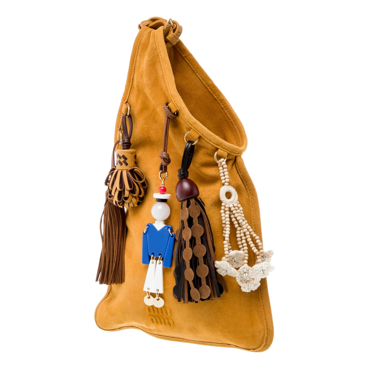 Miu Miu Mini Suede Handbag with Charms Whisky Yellow available at Queen Bee of Beverly Hills