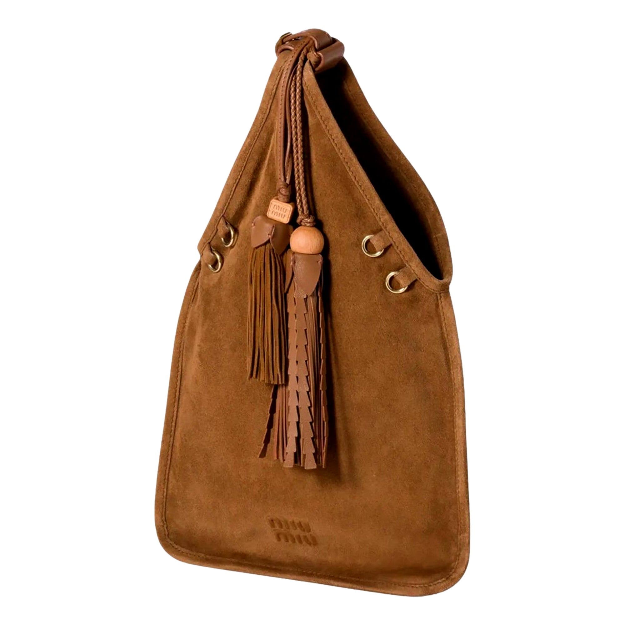 Miu Miu Mini Suede Handbag Leather Tassel Charm Warm Brown