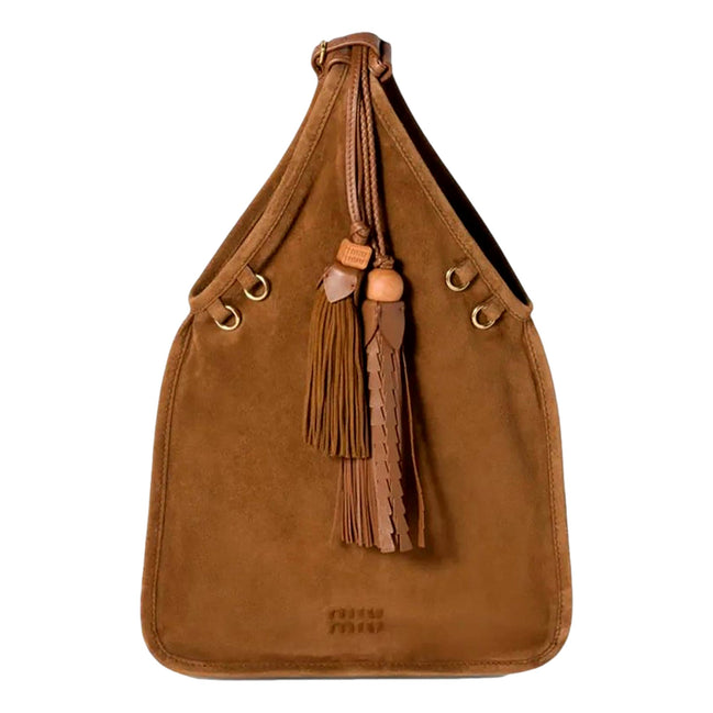 Miu Miu Mini Suede Handbag Leather Tassel Charm Warm Brown