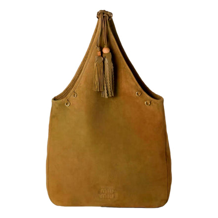 Miu Miu Suede Leather Tassel Tote Handbag Light Brown available at Queen Bee of Beverly Hills