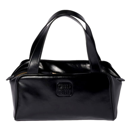 Miu Miu Black Top Handle Bowler Bag with Tonal Logo - available at Queen Bee  of Beverly Hills. 