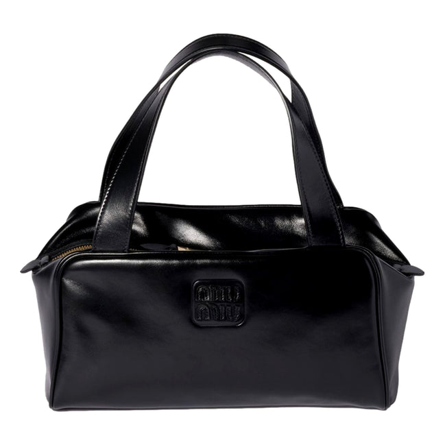 Miu Miu Black Top Handle Bowler Bag with Tonal Logo - available at Queen Bee  of Beverly Hills. 