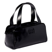 Miu Miu Black Top Handle Bowler Bag with Tonal Logo - available at Queen Bee  of Beverly Hills. 
