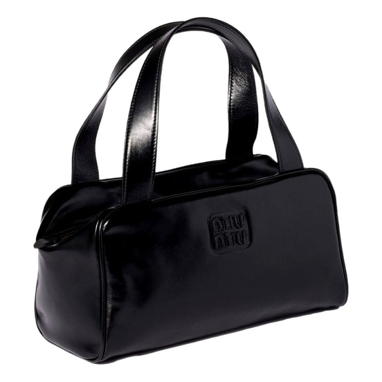 Miu Miu Black Top Handle Bowler Bag with Tonal Logo - available at Queen Bee  of Beverly Hills. 
