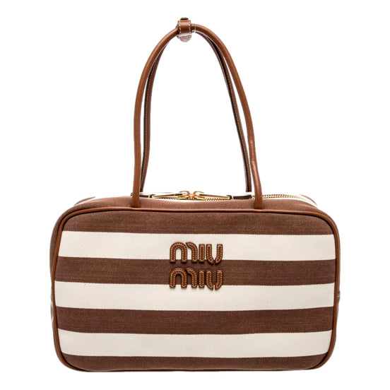Miu Miu Brown White Striped Canvas Calfskin Large Beau Bag - available at Queen Bee of Beverly Hills. 