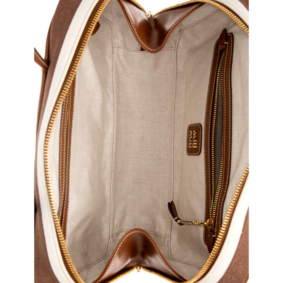 Miu Miu Brown White Striped Canvas Calfskin Large Beau Bag - available at Queen Bee of Beverly Hills. 