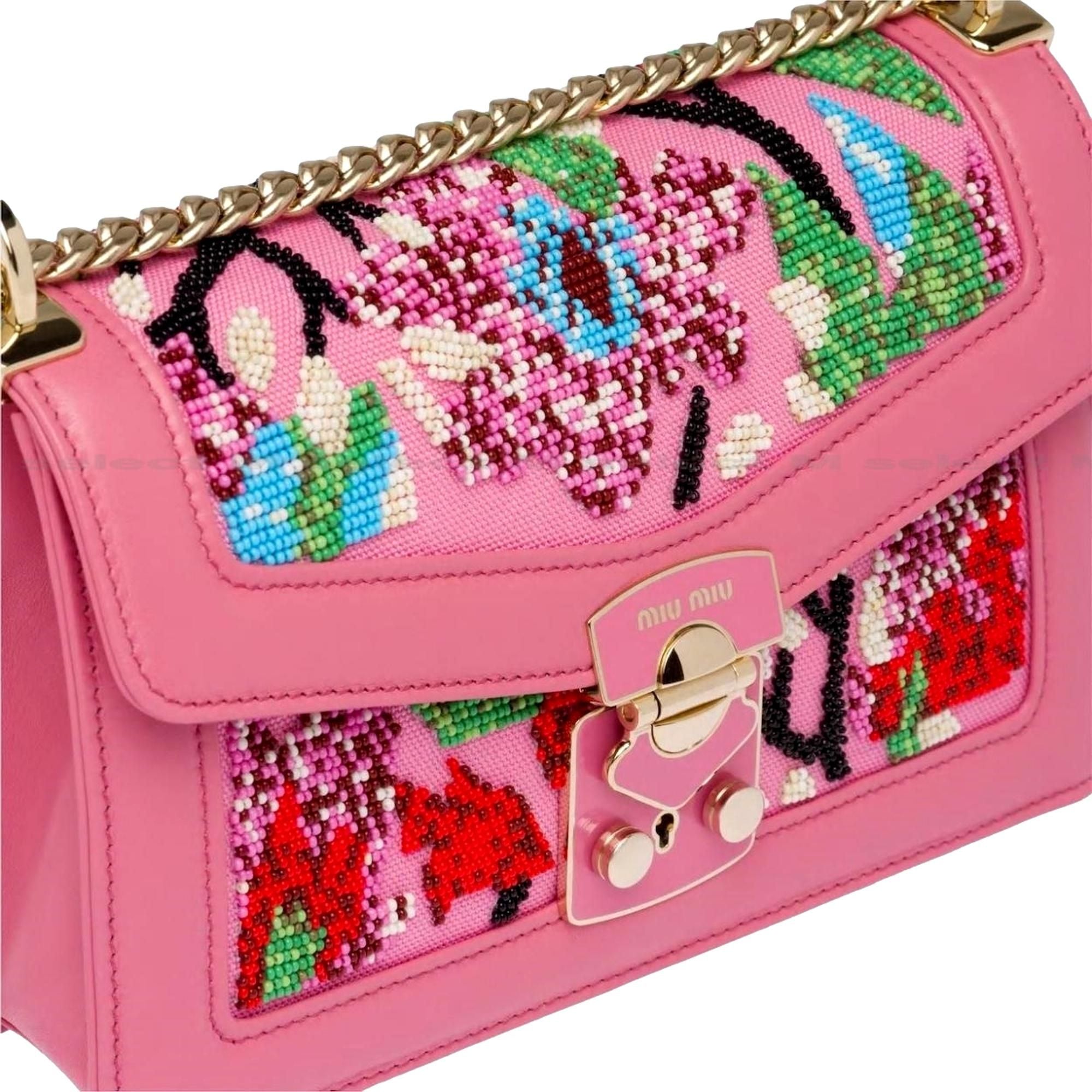 Miu Miu Canapa Geranio Pink Floral Beaded Shoulder Bag at_Queen_Bee_of_Beverly_Hills