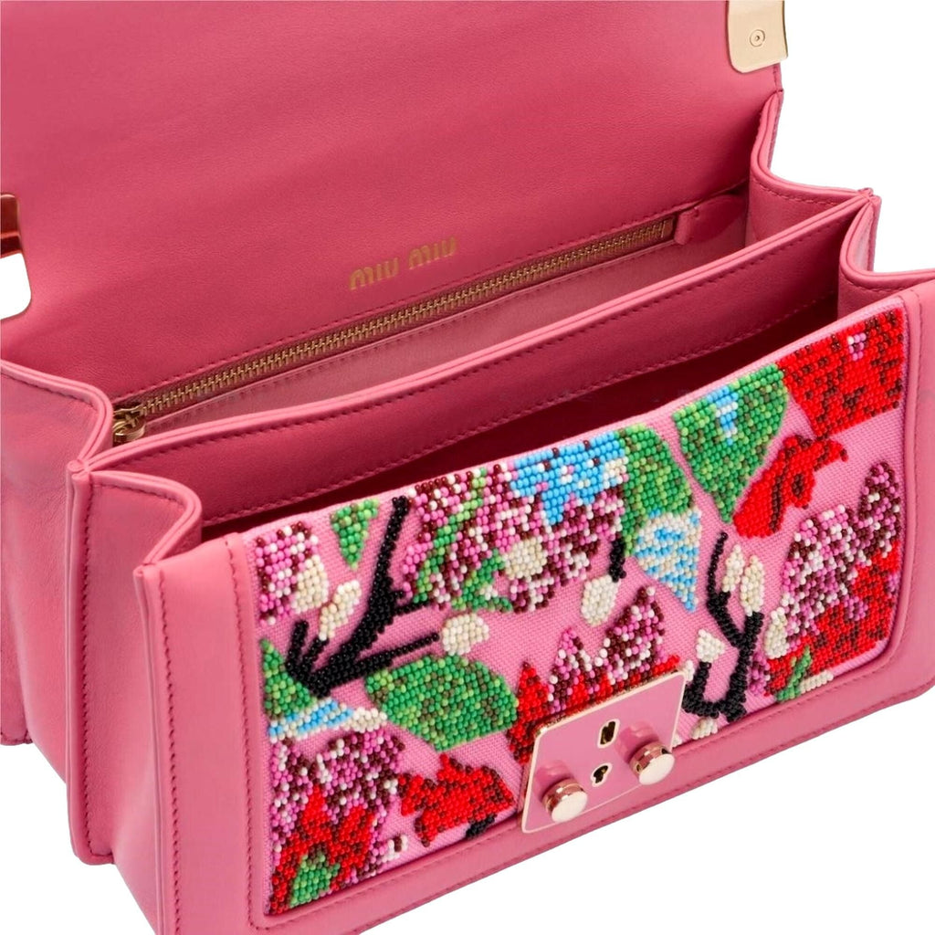 Miu Miu Canapa Geranio Pink Floral Beaded Shoulder Bag at_Queen_Bee_of_Beverly_Hills
