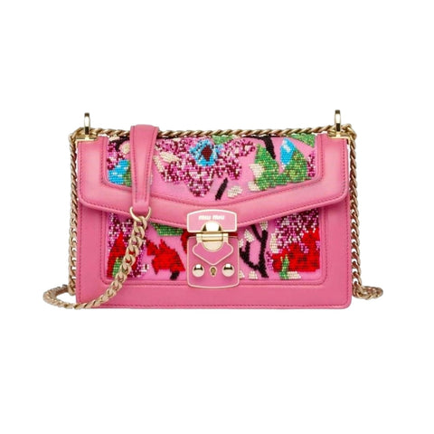 Miu Miu Canapa Geranio Pink Floral Beaded Shoulder Bag at_Queen_Bee_of_Beverly_Hills