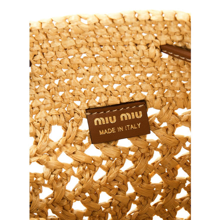 Miu Miu Woven Raffia Mini Bucket Bag in Beige and Brown