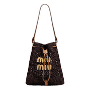 Miu Miu Woven Raffia Mini Bucket Bag in Chocolate Brown