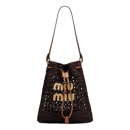 Miu Miu Woven Raffia Mini Bucket Bag in Chocolate Brown