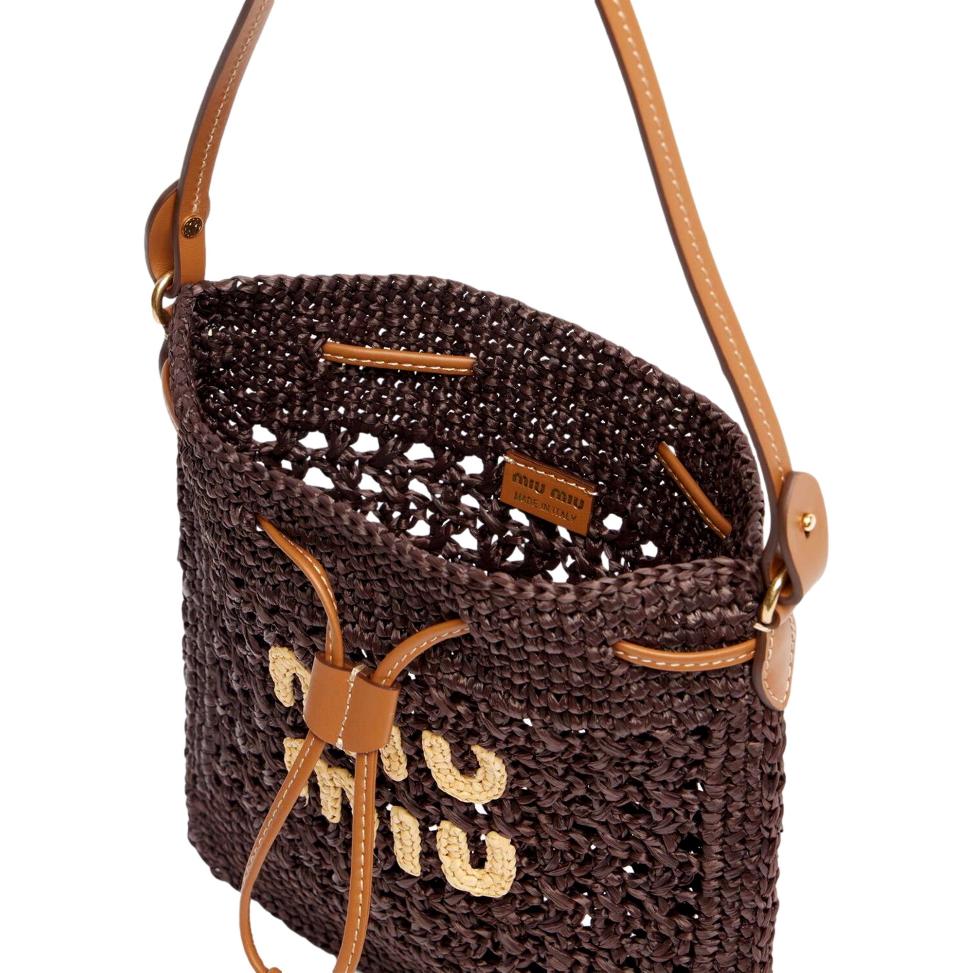 Miu Miu Woven Raffia Mini Bucket Bag in Chocolate Brown