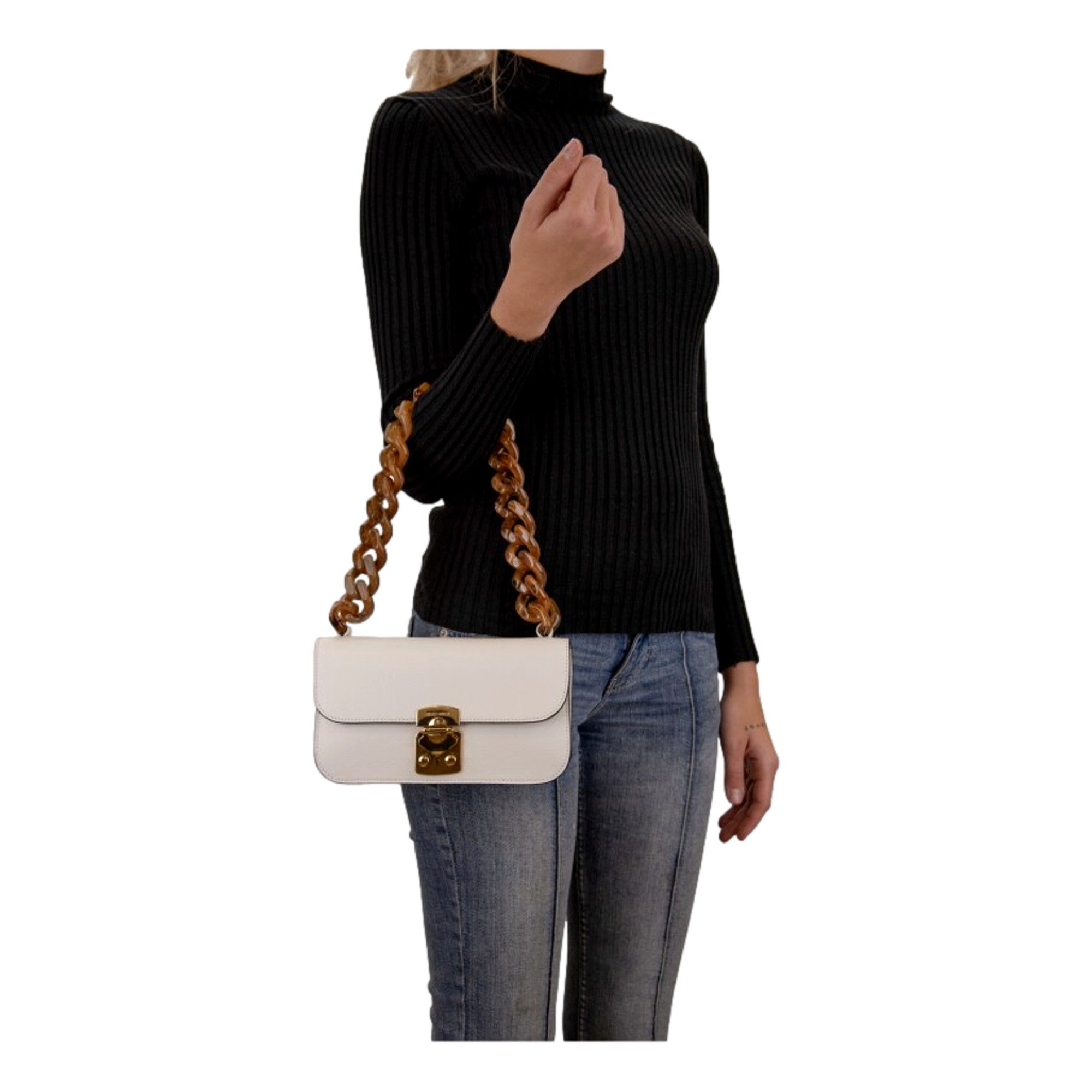 Miu Miu Madras White Leather Tortoise Shell Chain Handbag