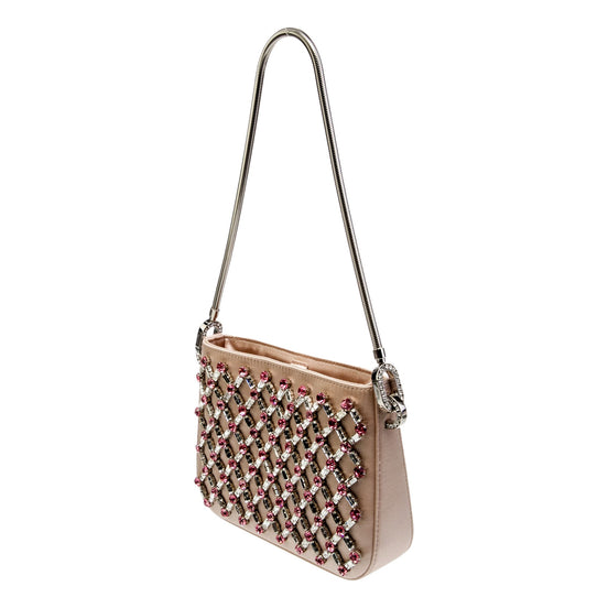 Miu Miu Sassy Crystal Embellished Powder Pink Satin Handbag available at Queen Bee of Beverly Hills