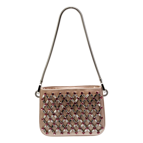 Miu Miu Sassy Crystal Embellished Powder Pink Satin Handbag available at Queen Bee of Beverly Hills