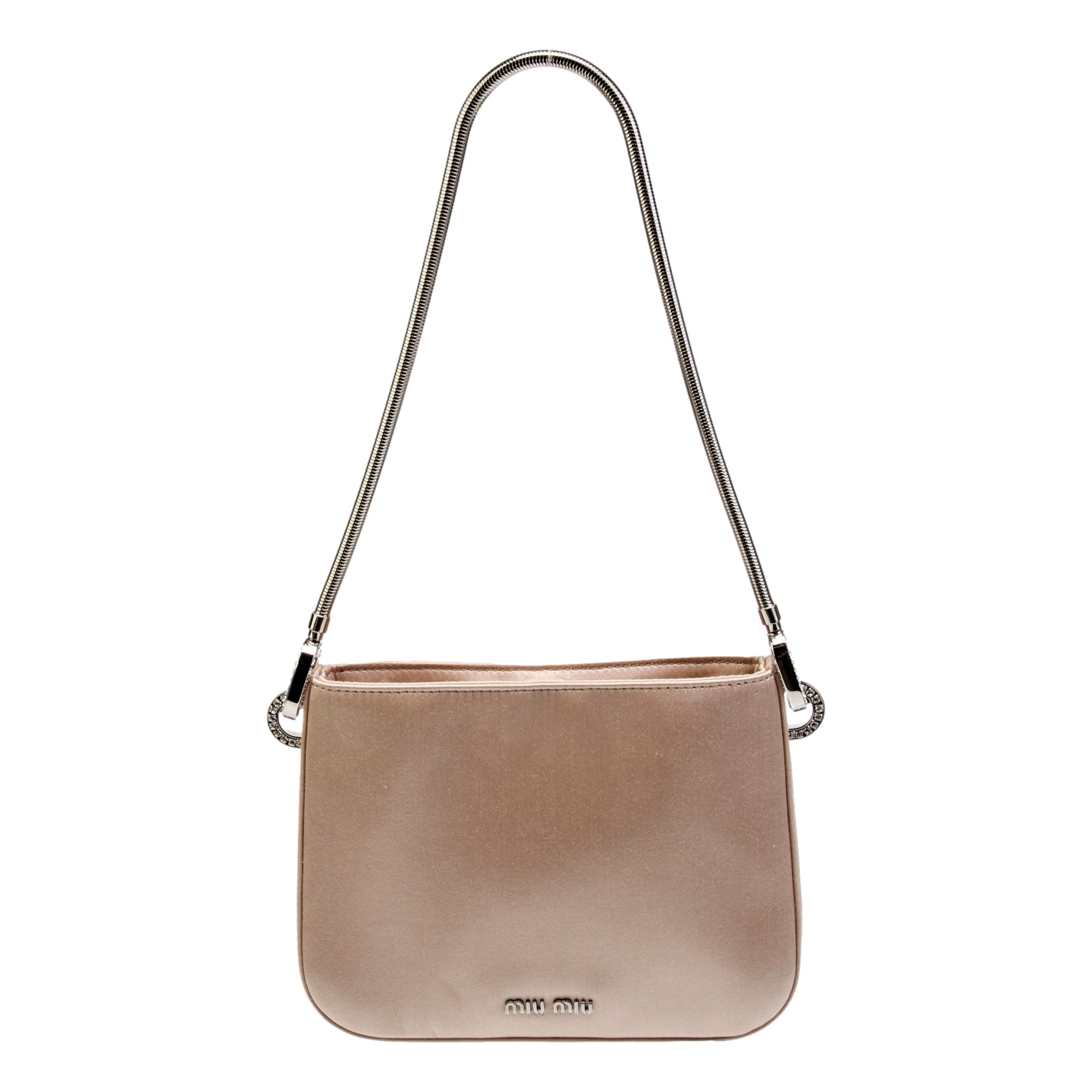 Miu Miu Sassy Crystal Embellished Powder Pink Satin Handbag available at Queen Bee of Beverly Hills