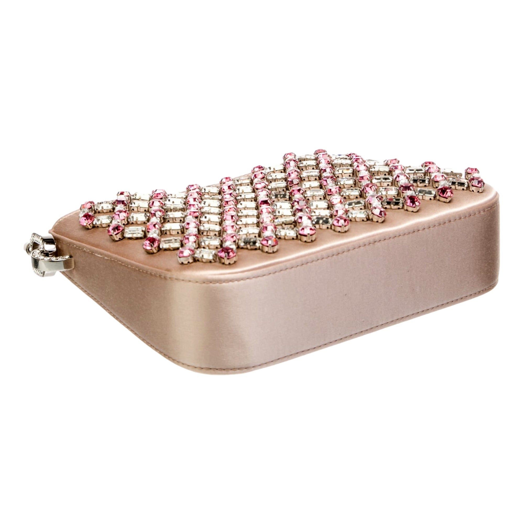 Miu Miu Sassy Crystal Embellished Powder Pink Satin Handbag available at Queen Bee of Beverly Hills